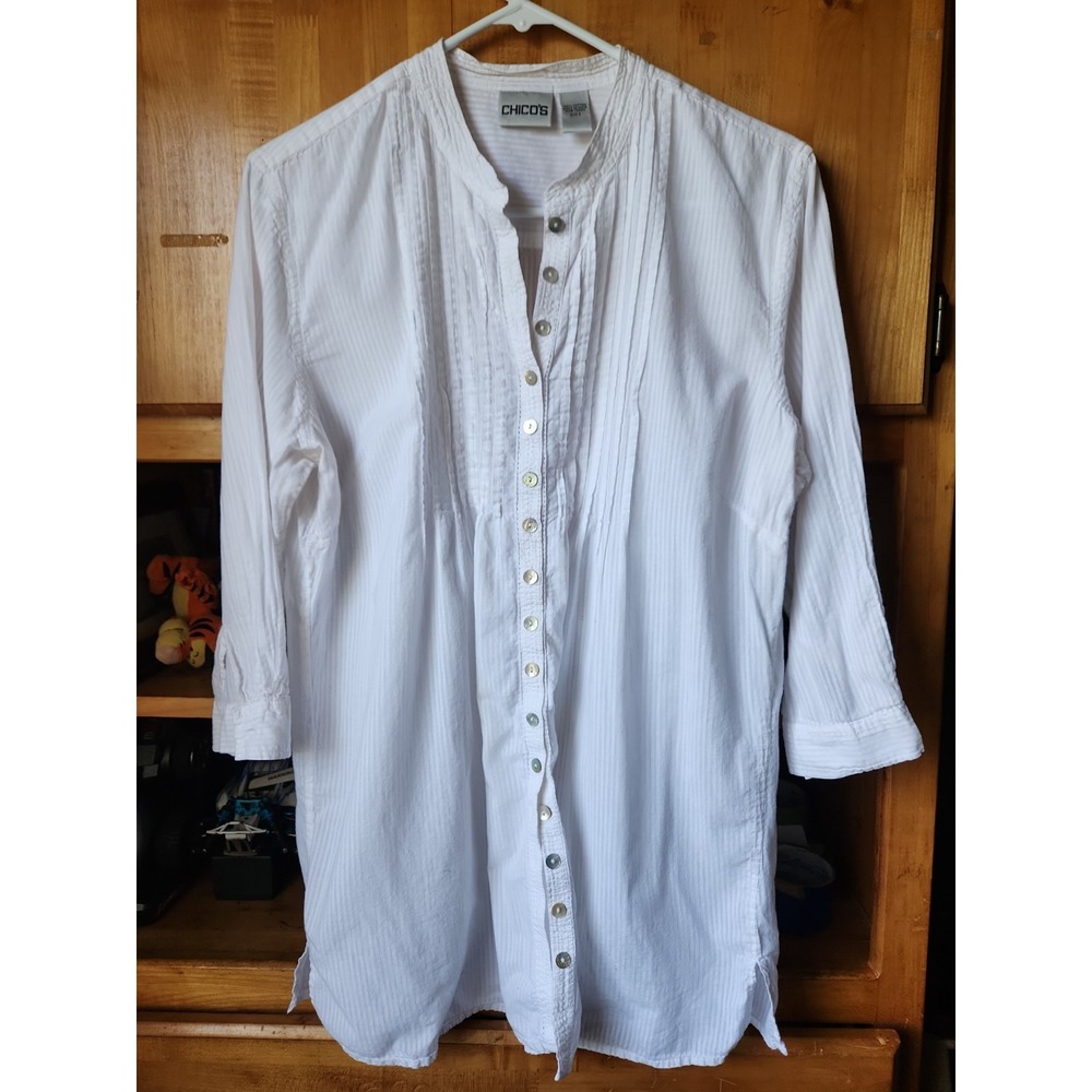 Chico's Pintuck Tunic, Womans Sz S(2). White, 3/4 Sleeve. 100% Cotton. Good.